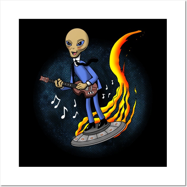 Retro Vintage Alien Bassist 60's Band Musician In Outer Space Wall Art by BoggsNicolas